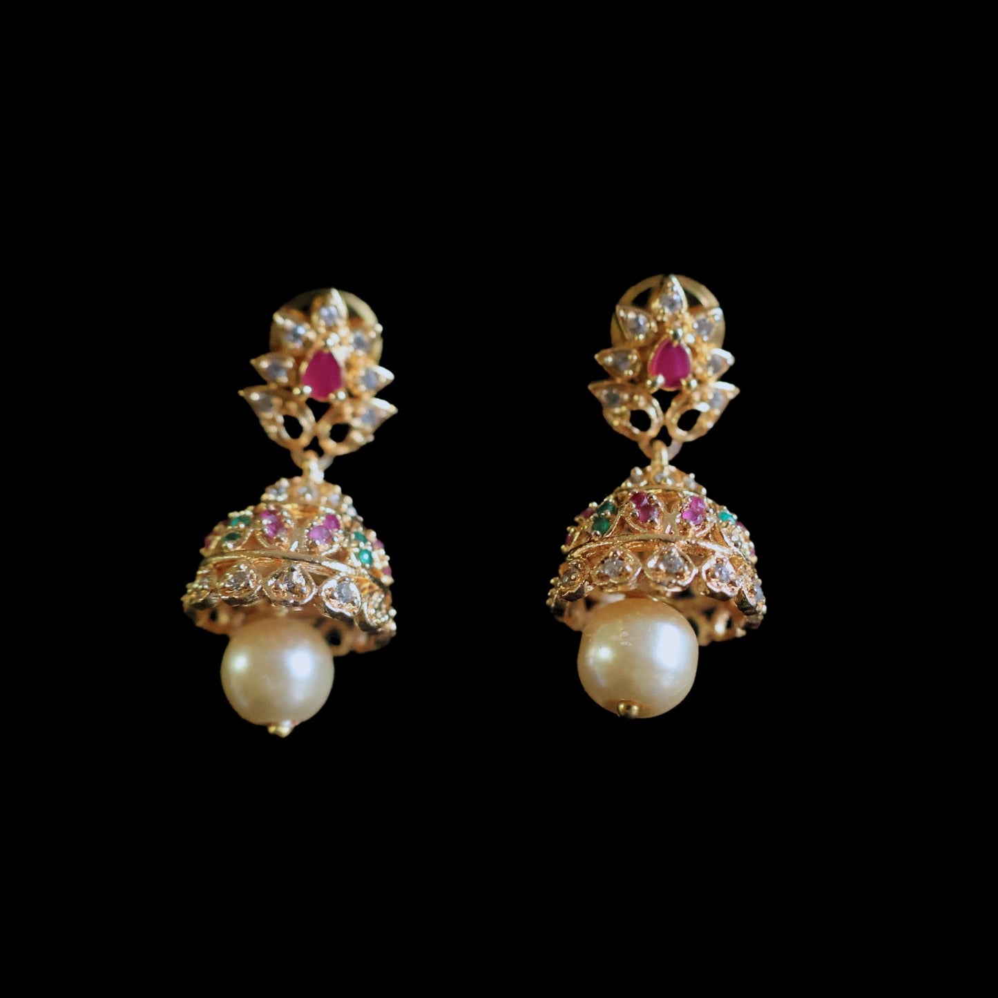 Gold toned red, white & green American Diamond Jhumka