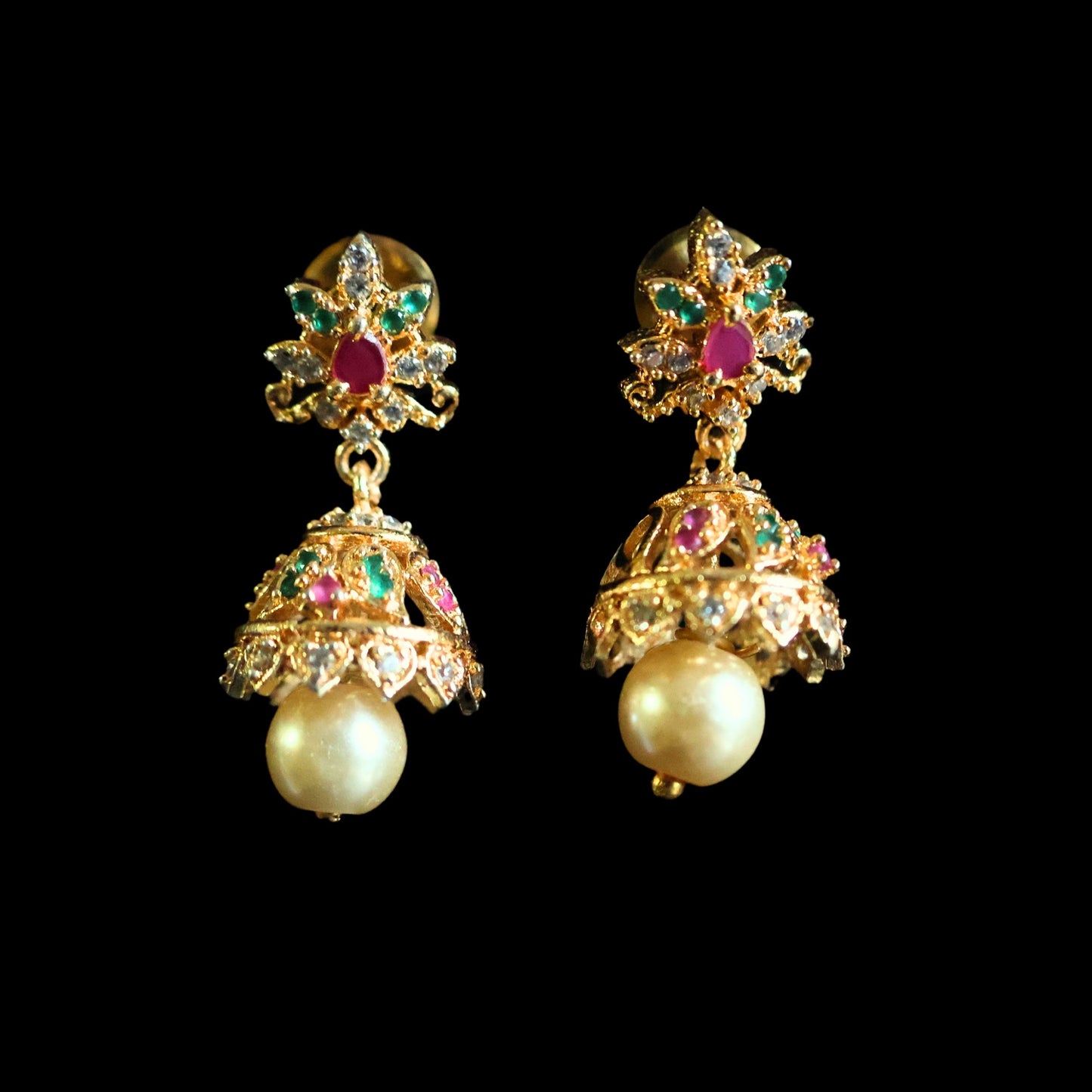 Gold toned red, white & green American Diamond Jhumka