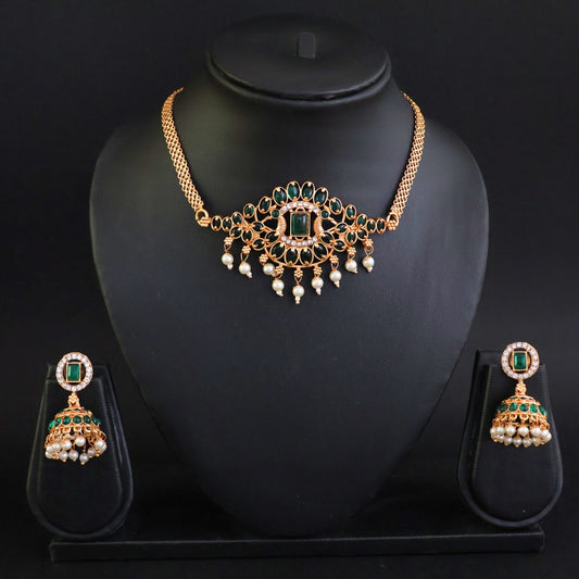 Designer fancy Gold Polish AD Kemp Stone Party Wear Antique Short Necklace Set