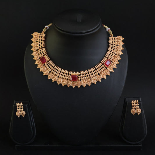 Designer fancy Gold Polish AD Kemp Stone Party Wear Antique Short Necklace Set