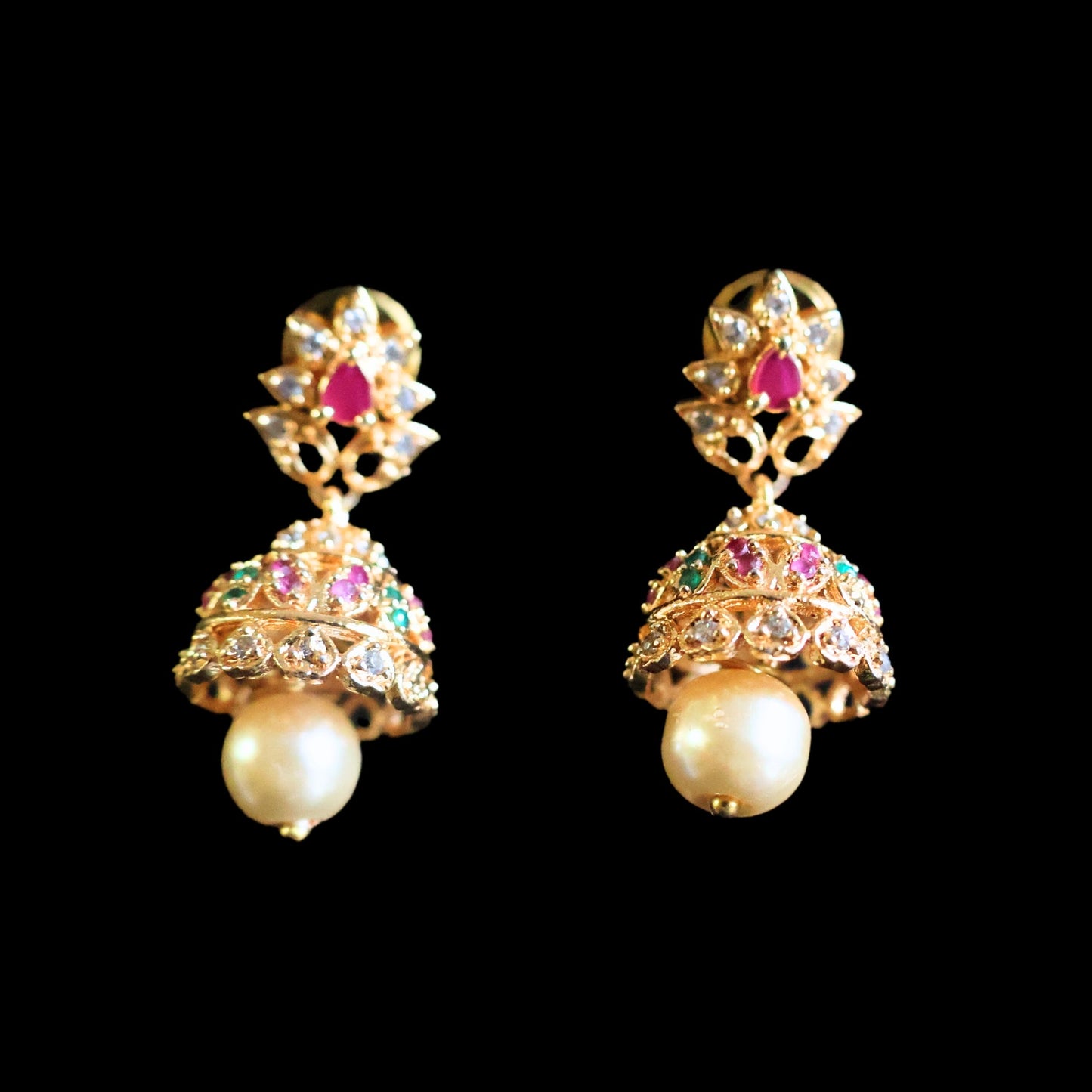 Gold toned red, white & green American Diamond Jhumka