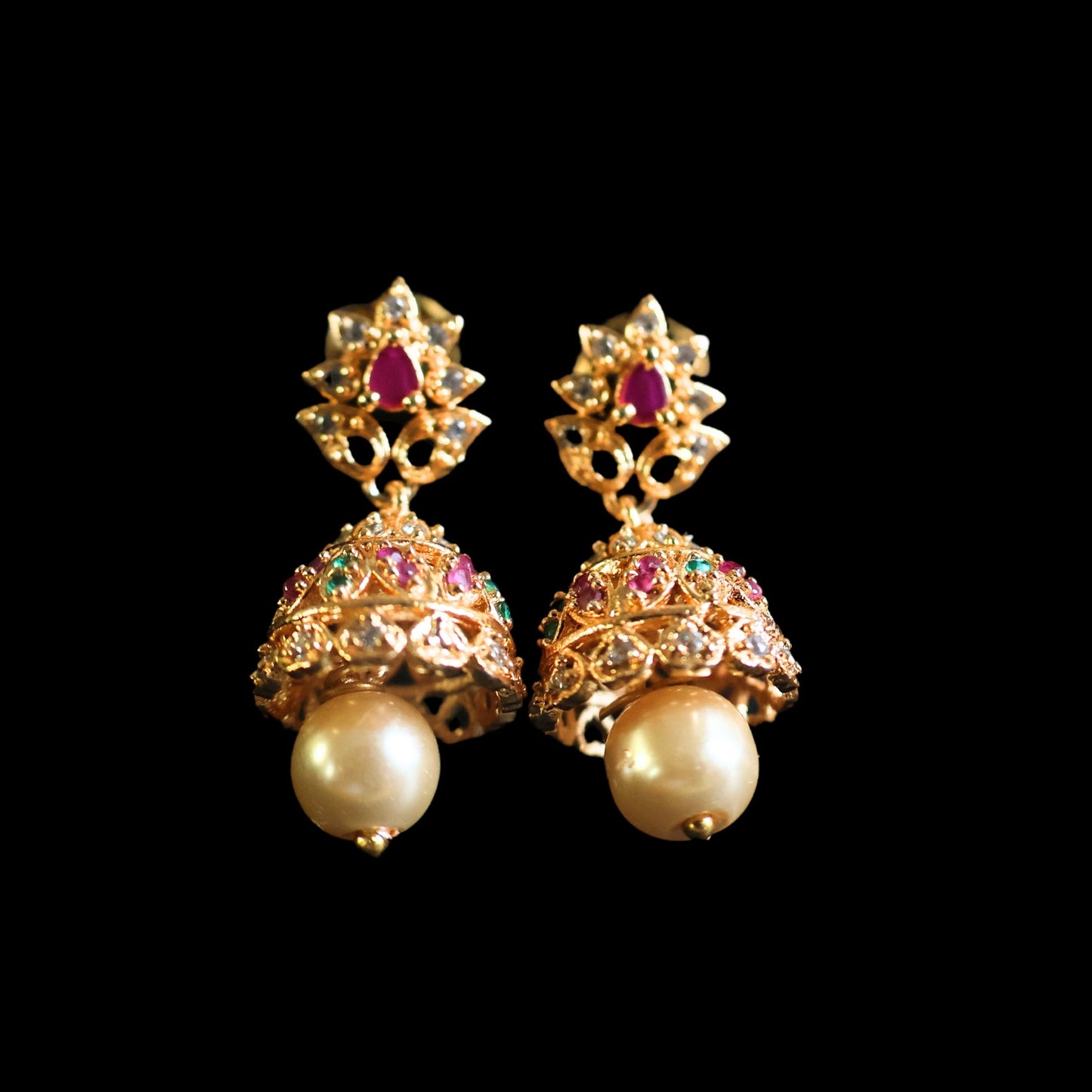 Gold toned red, white & green American Diamond Jhumka