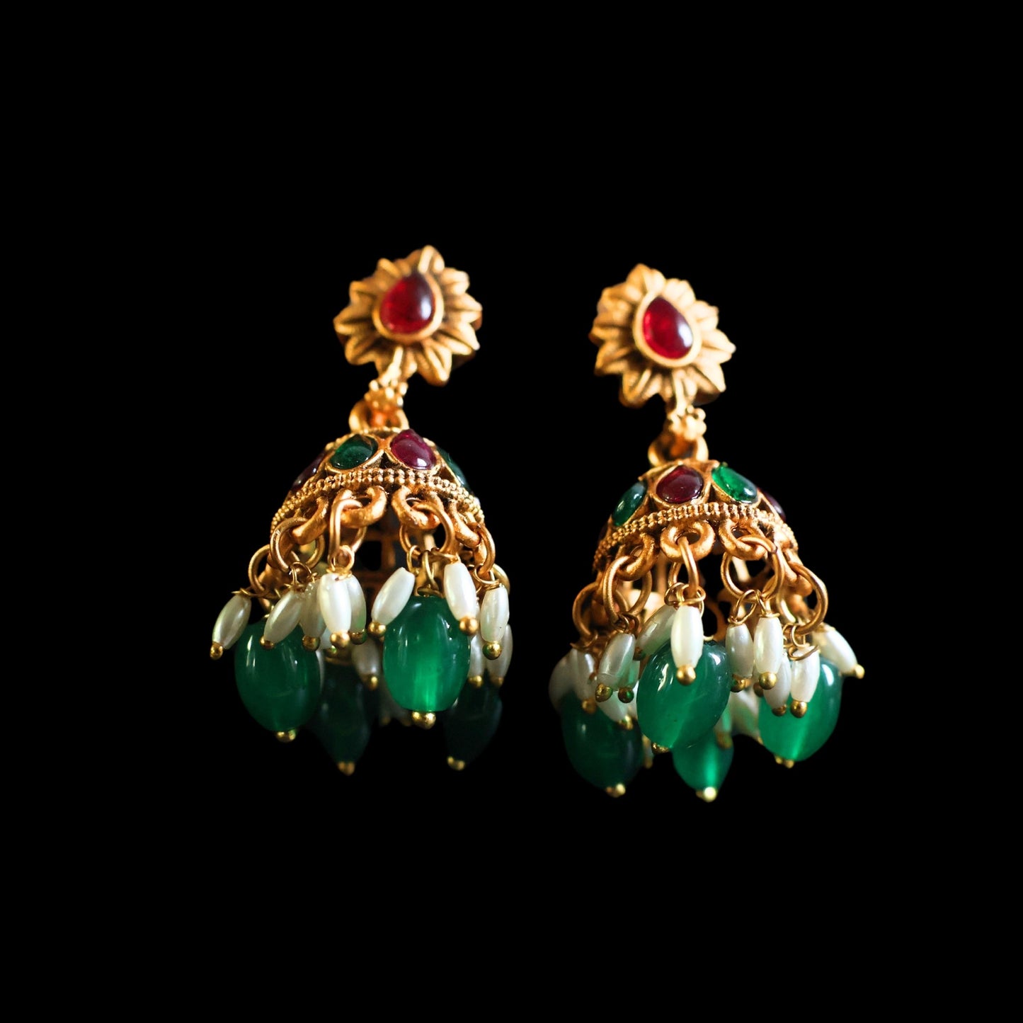 Gold toned red & green Jhumka