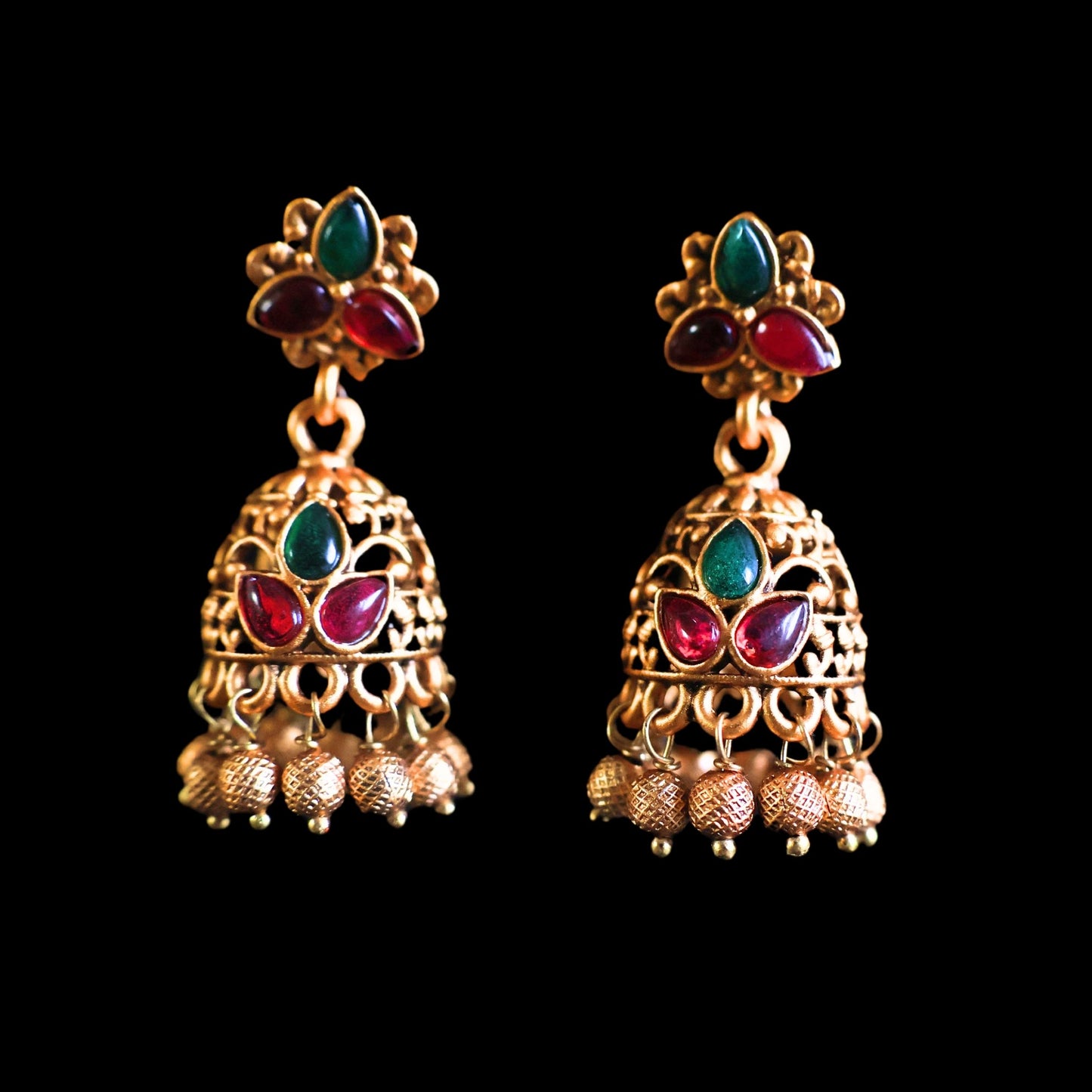 Gold toned red & green Jhumka