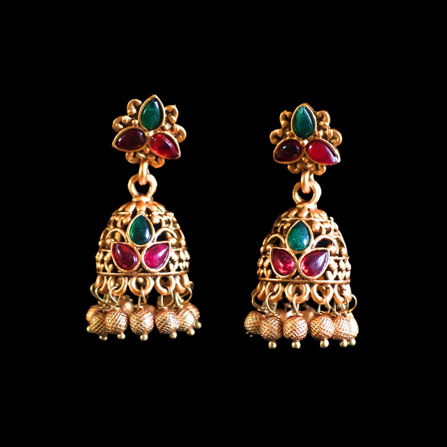 Gold toned red & green Jhumka