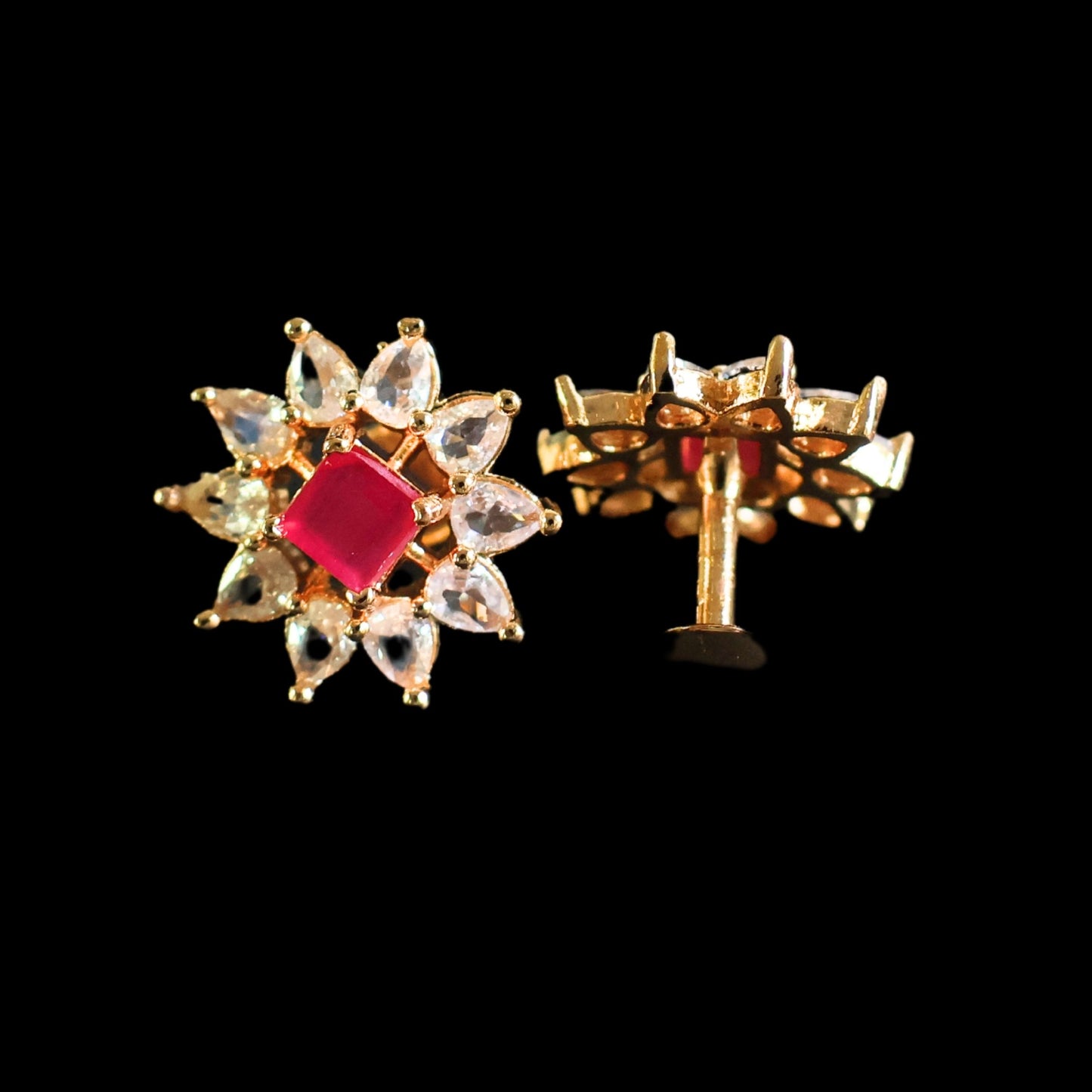 Gold toned white and pink American Diamond Studs