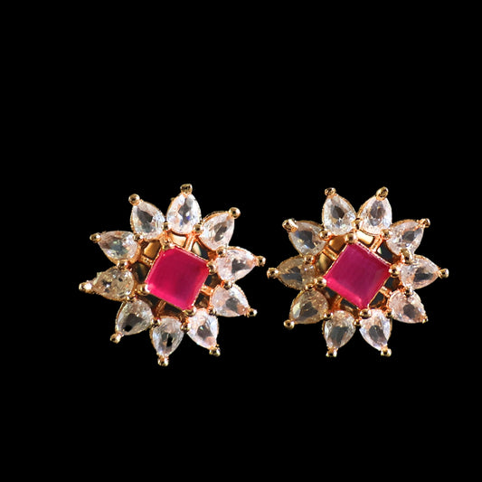 Gold toned white and pink American Diamond Studs