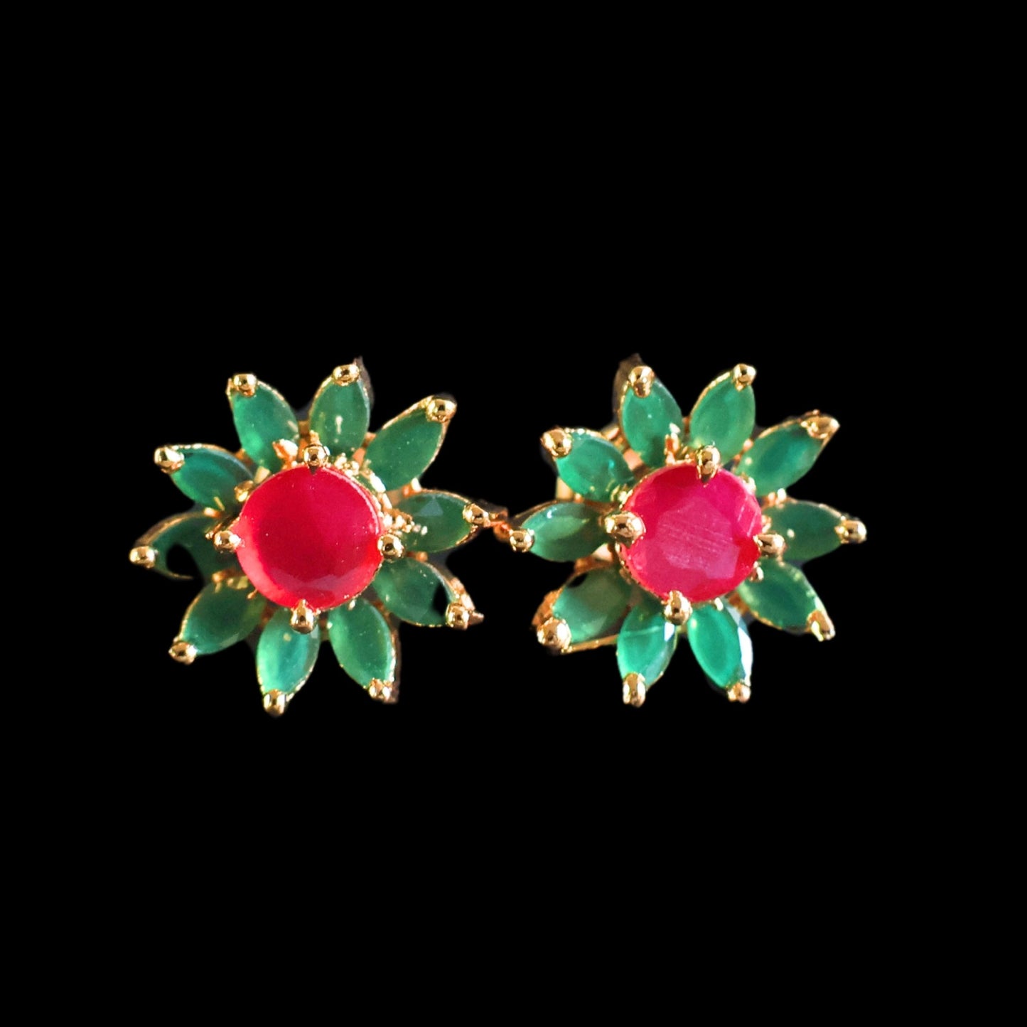 Gold toned green and pink American Diamond Studs