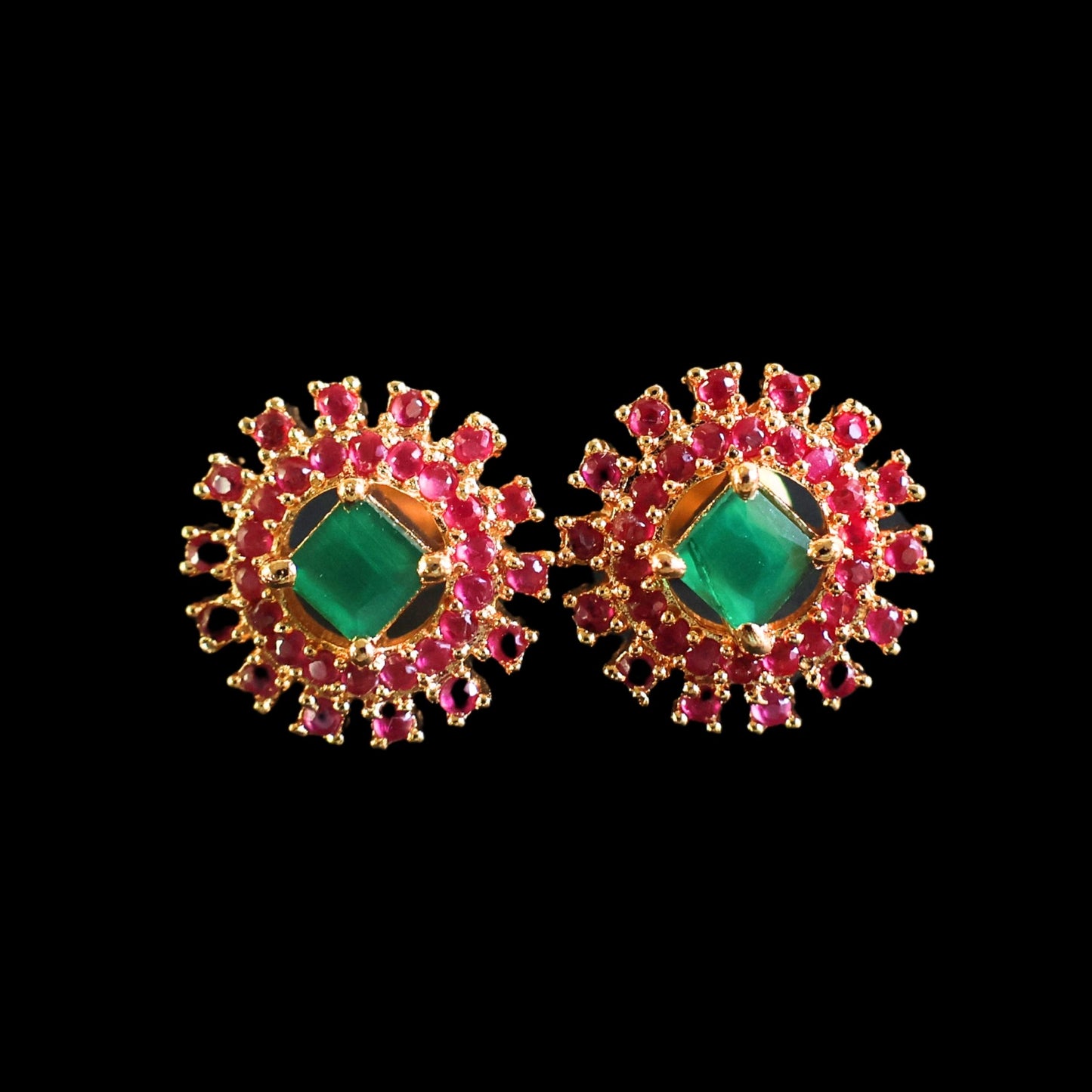 Gold toned green and pink American Diamond Studs