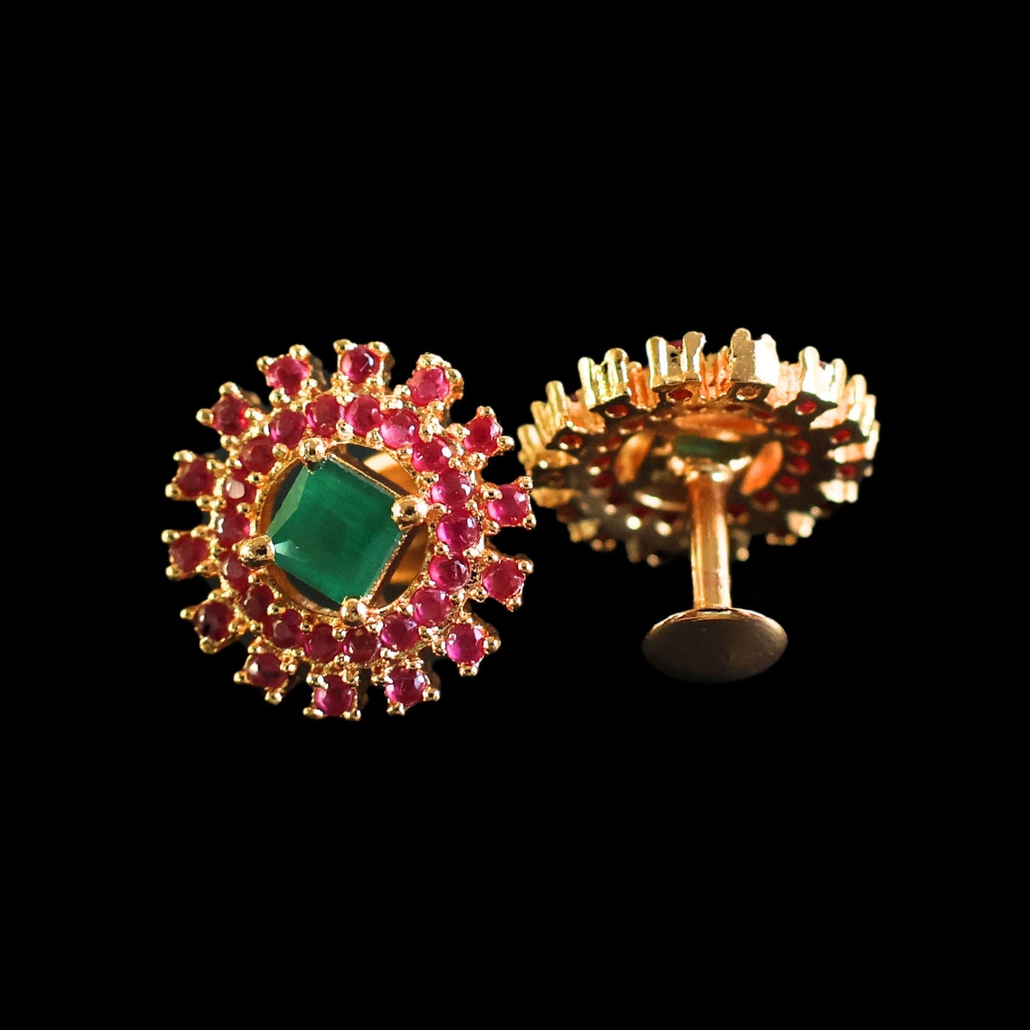 Gold toned green and pink American Diamond Studs