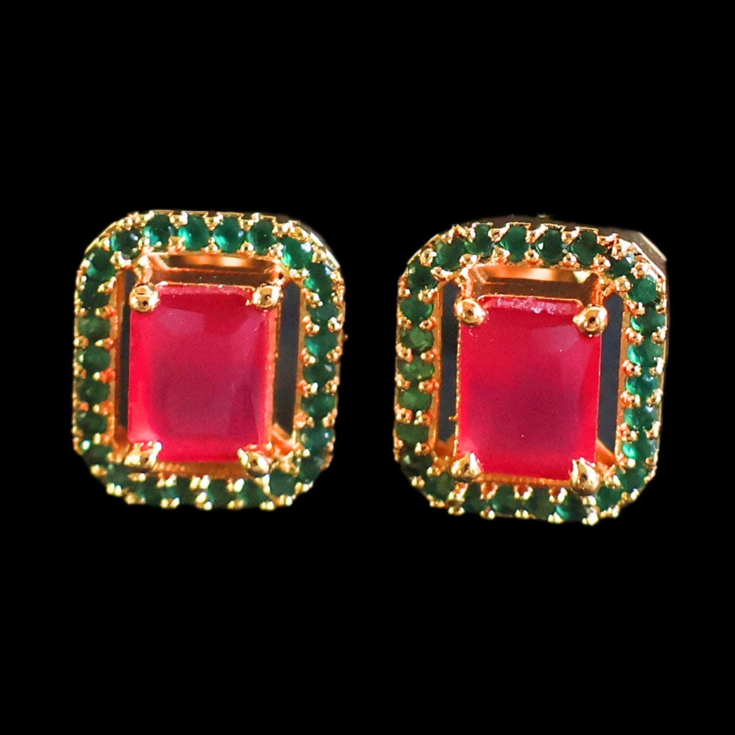 Gold toned green and pink American Diamond Studs