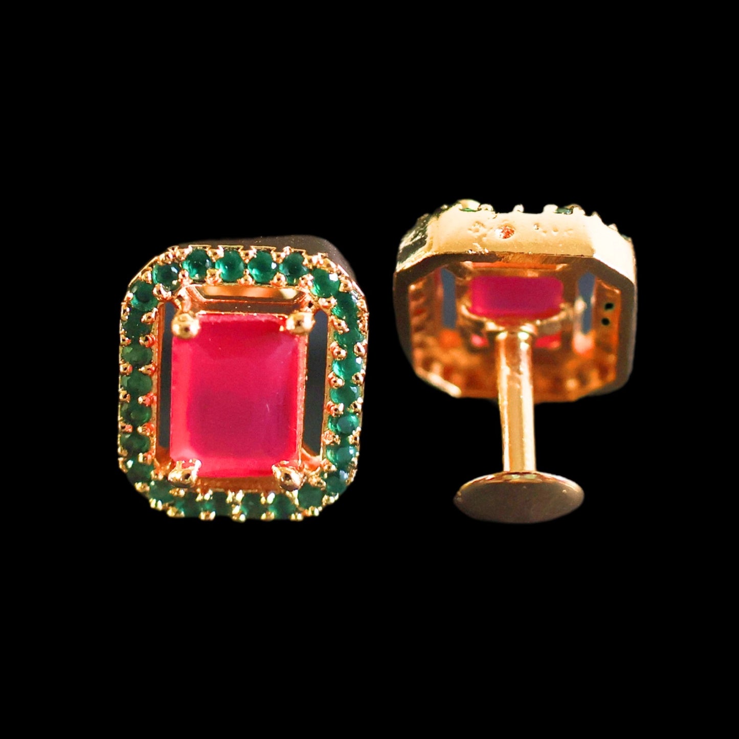 Gold toned green and pink American Diamond Studs