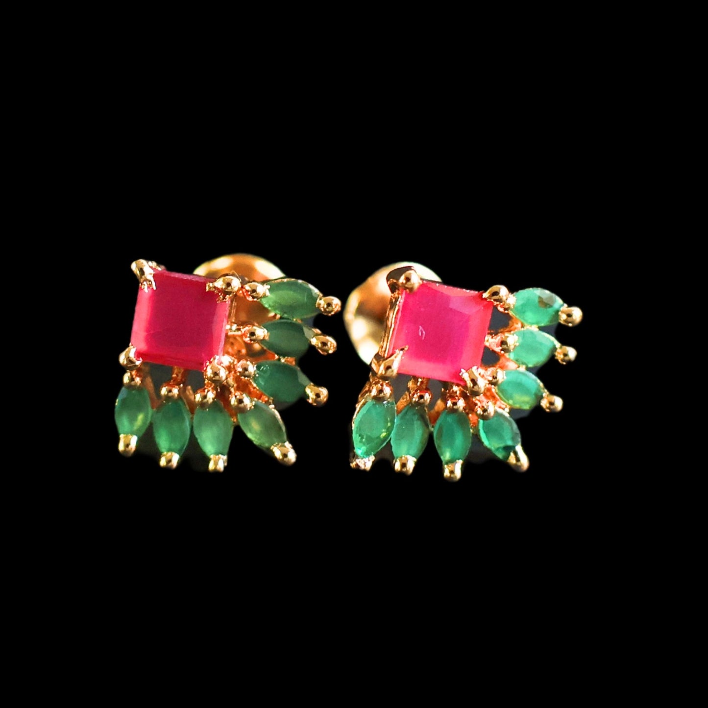 Gold toned green and pink American Diamond Studs