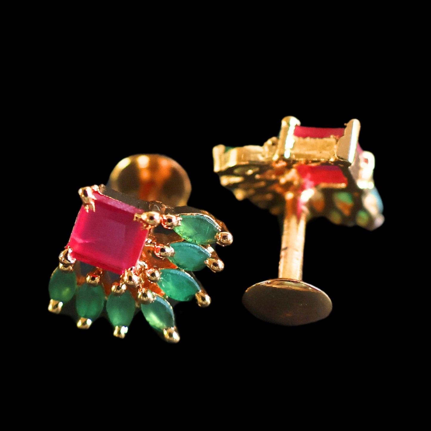 Gold toned green and pink American Diamond Studs