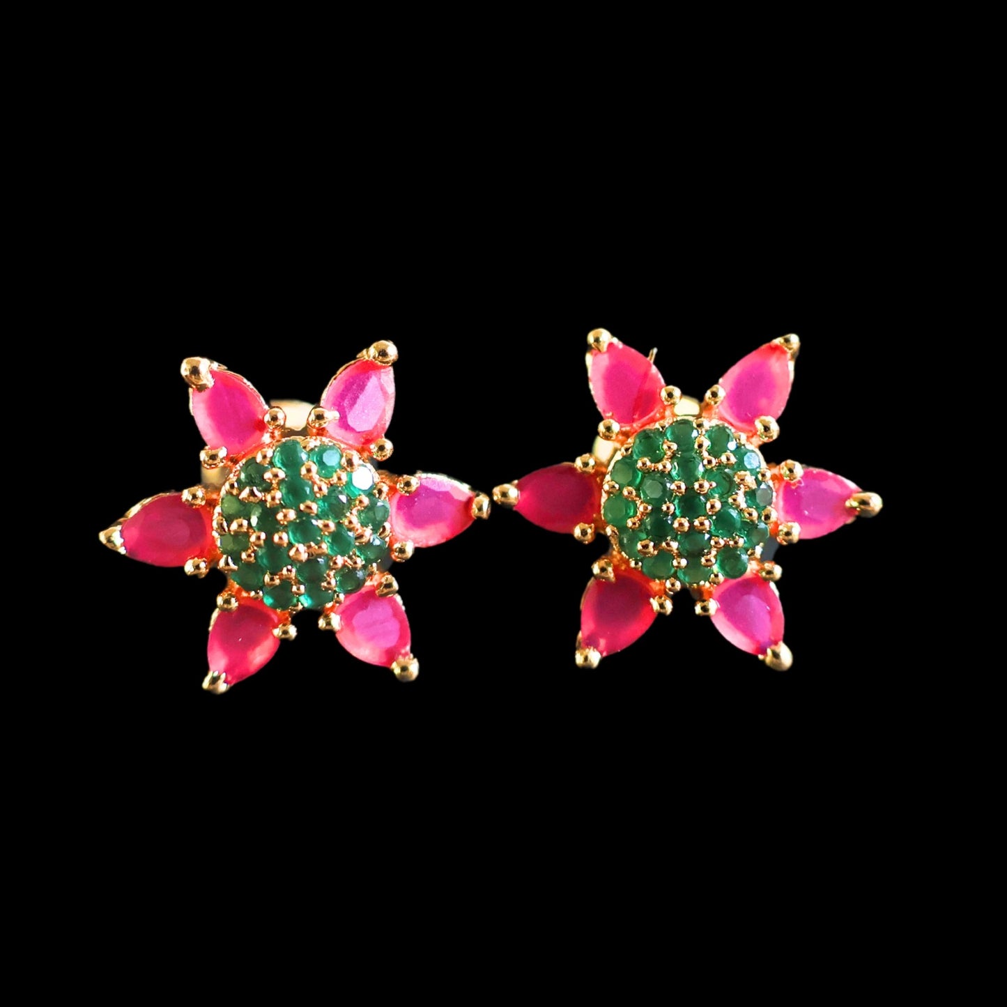 Gold toned green and pink American Diamond Studs