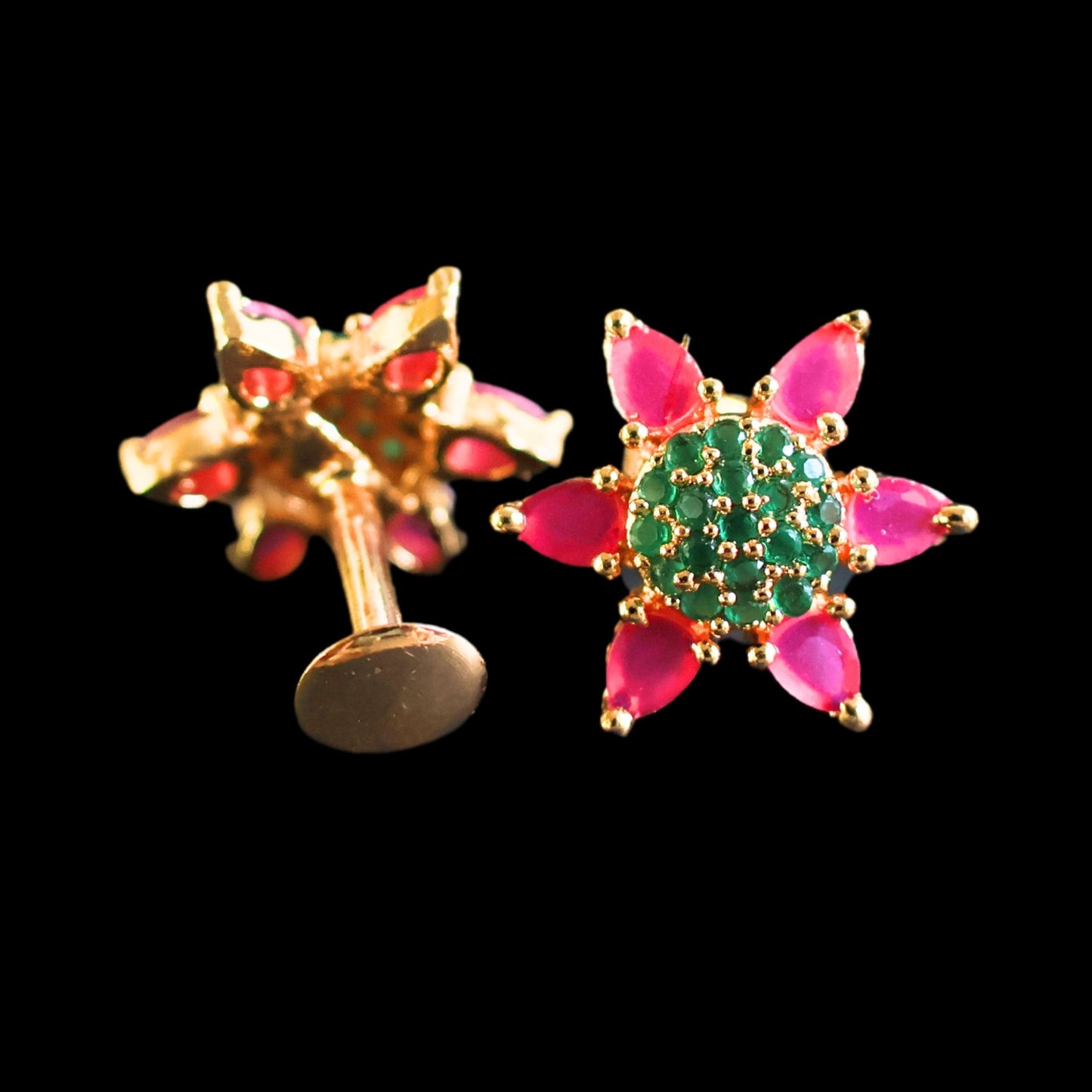 Gold toned green and pink American Diamond Studs