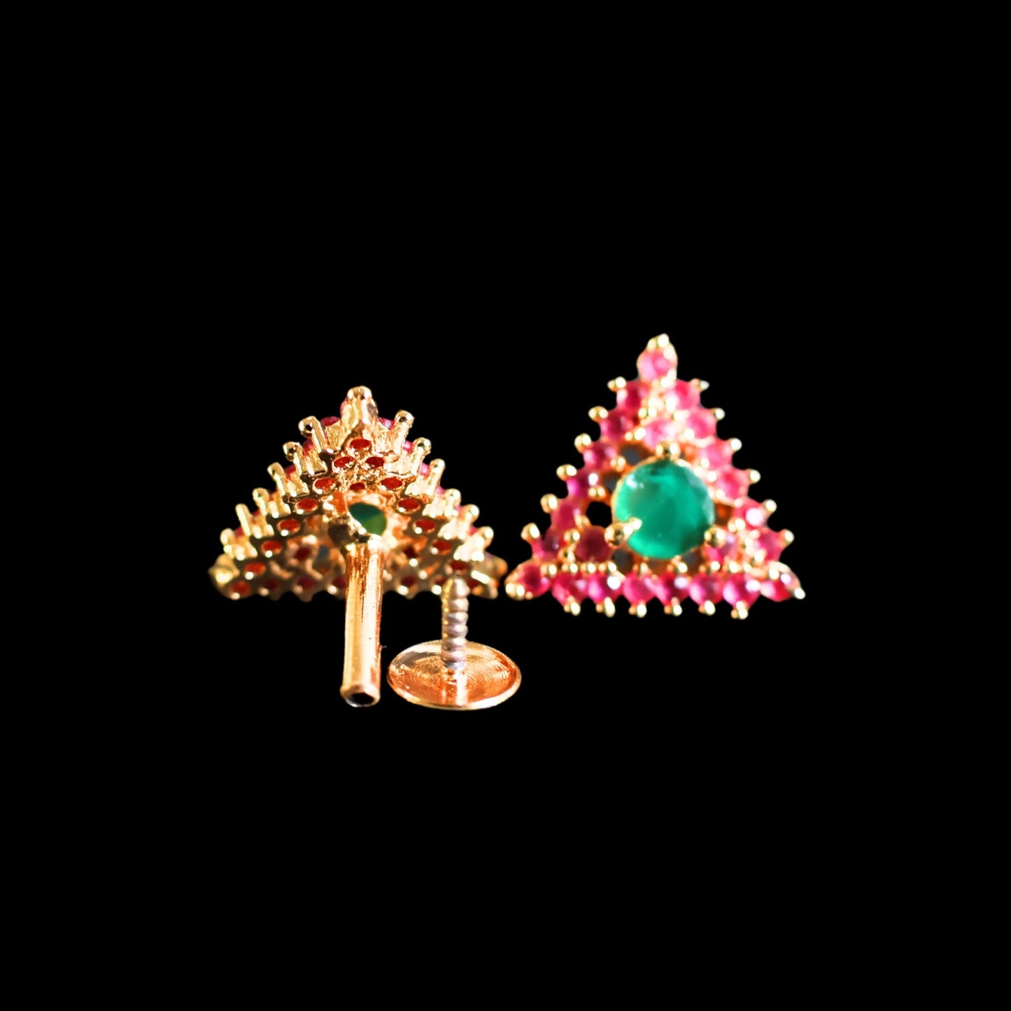 Gold toned green and pink American Diamond Studs