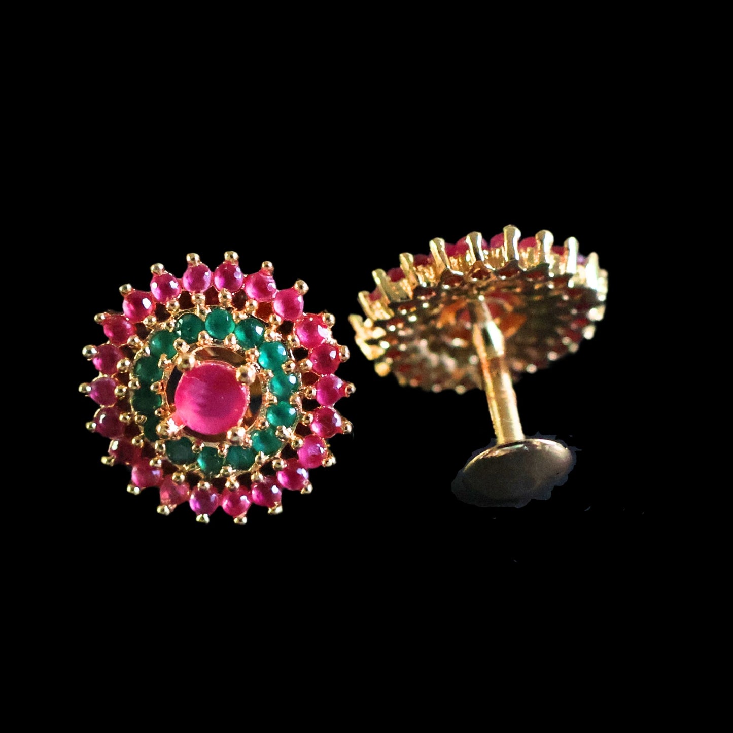 Gold toned green and pink American Diamond Studs