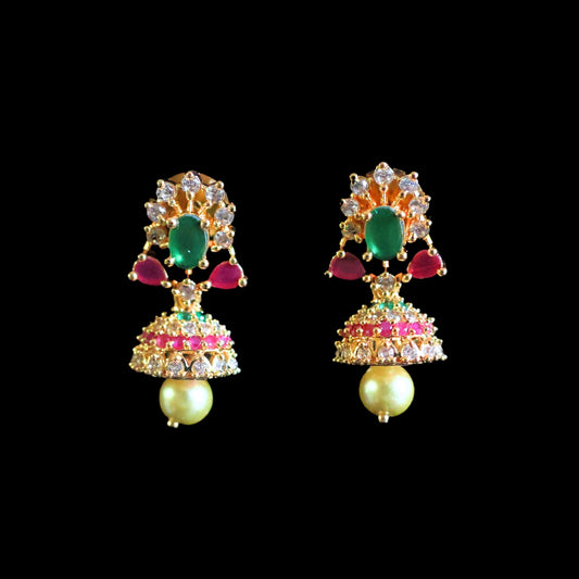 Gold toned red, white & green American Diamond Jhumka