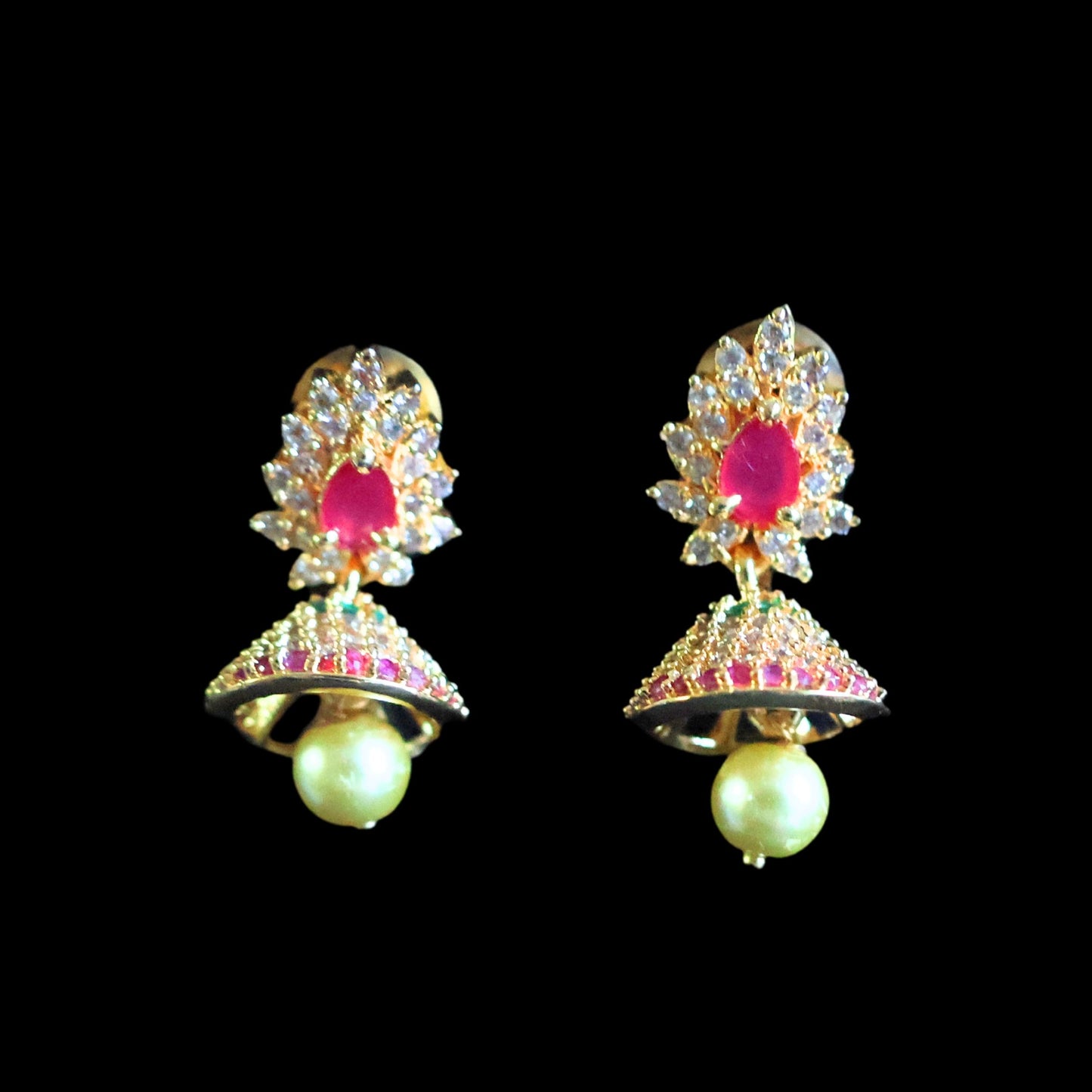 Gold toned white, red & green American Diamond Jhumka