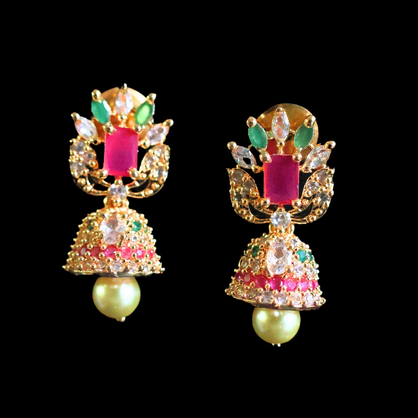 Gold toned red, white & green American Diamond Jhumka