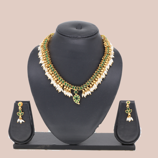 Designer fancy Gold Polish Green Party Wear Antique Short Necklace Set