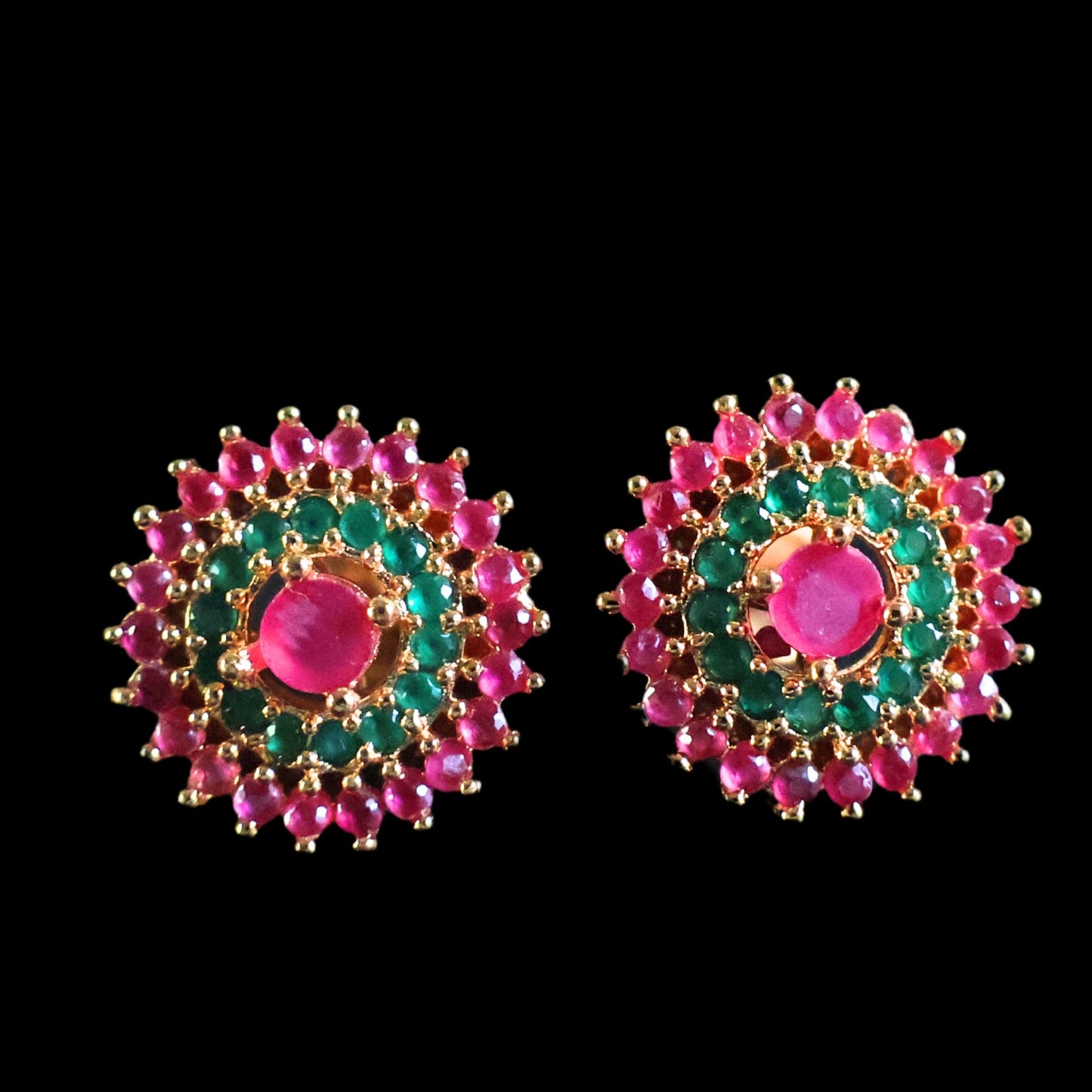 Gold toned green and pink American Diamond Studs