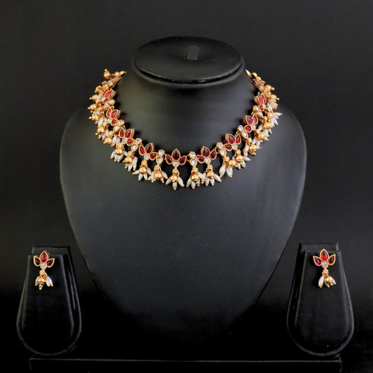 Designer fancy Gold Polish Red Party Wear Antique Short Necklace Set