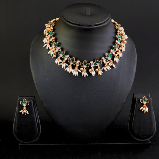 Designer fancy Gold Polish Green Party Wear Antique Short Necklace Set