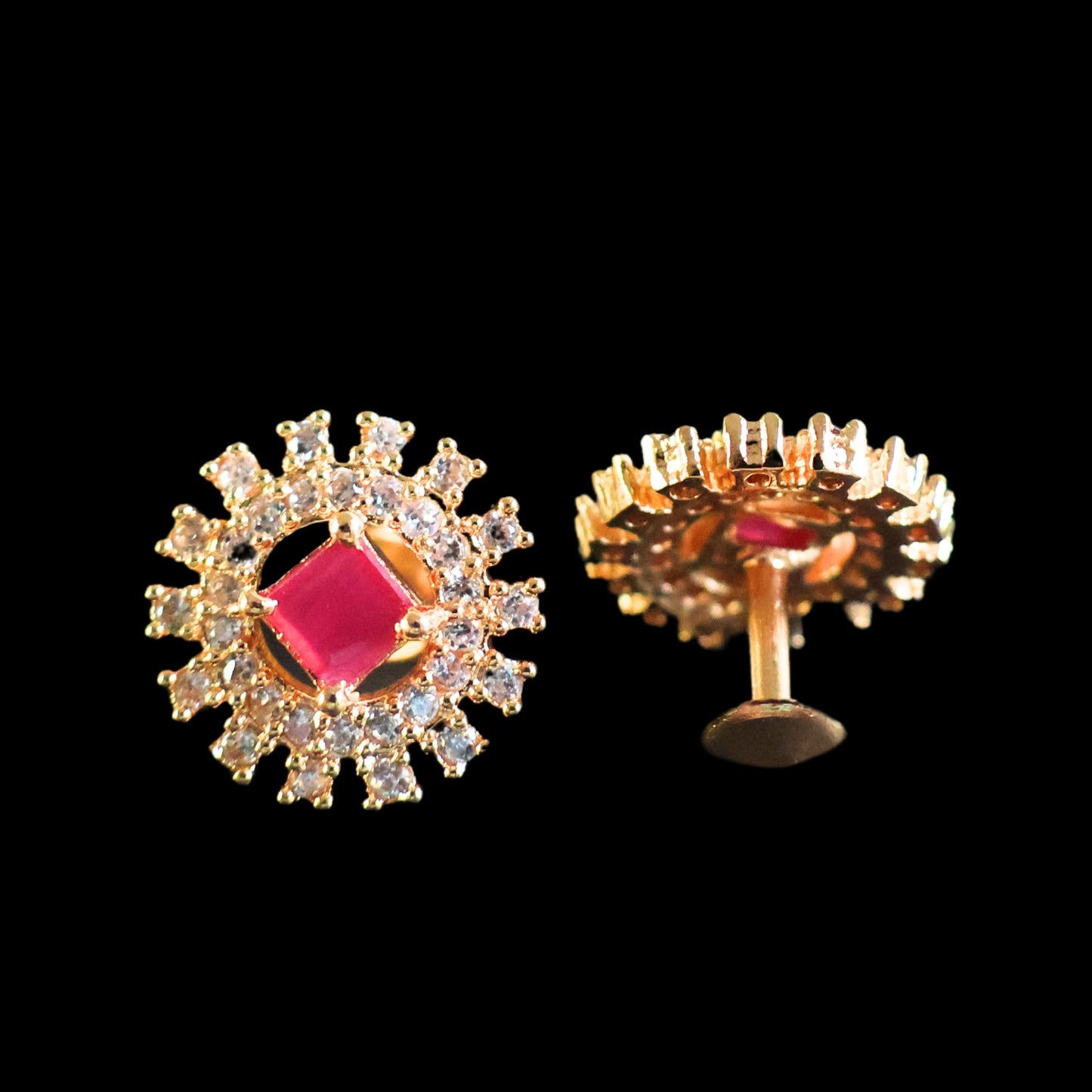 Gold toned white & pink American Diamond Studs