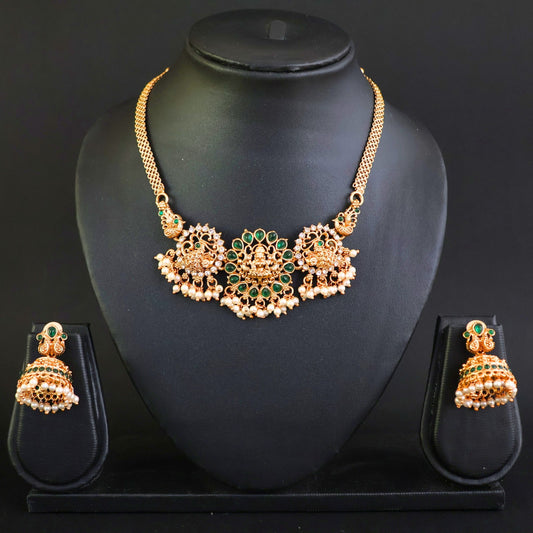 Designer fancy Gold Polish Green Party Wear Antique Short Necklace Set