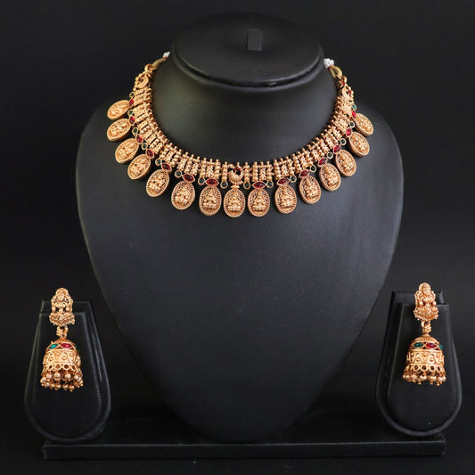 Designer fancy Gold Polish Lakshmi Coin Party Wear Antique Short Necklace Set