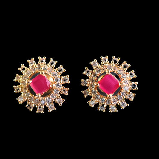 Gold toned white & pink American Diamond Studs