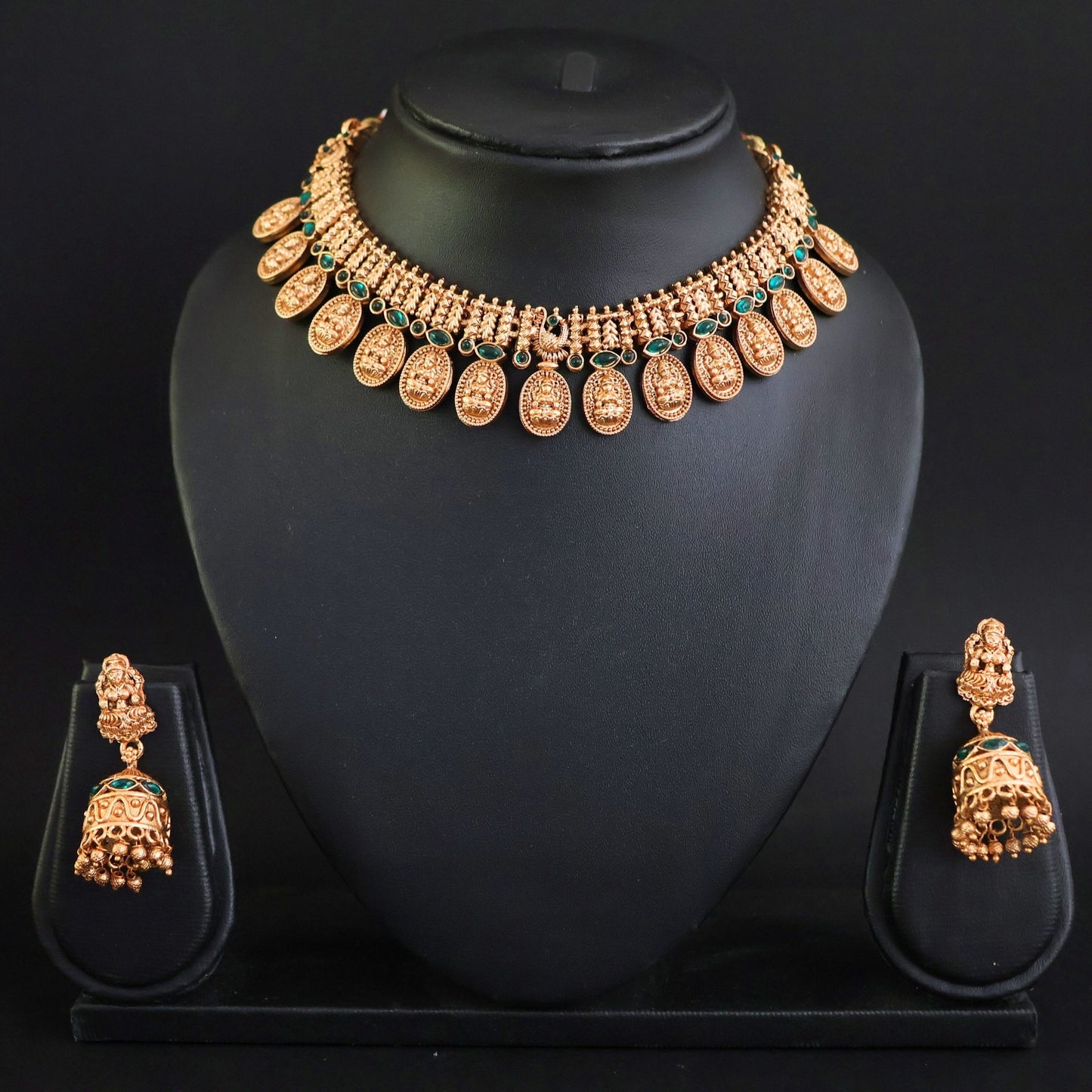 Designer fancy Gold Polish Lakshmi Coin Party Wear Antique Short Necklace Set