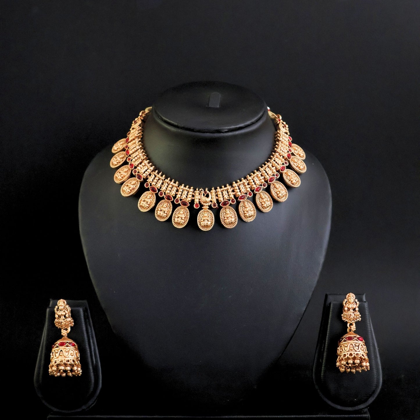 Designer fancy Gold Polish Lakshmi Coin Party Wear Antique Short Necklace Set